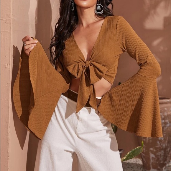 SHEIN VCAY Ribbed Trumpet Sleeve Self tie Crop top - Picture 2 of 5